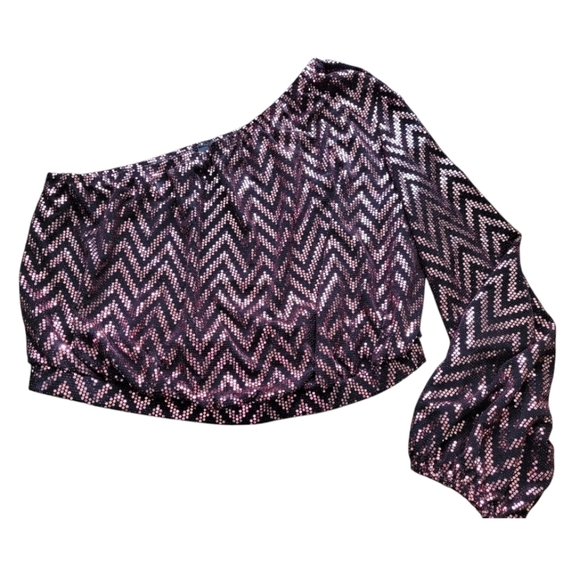 Ashley Stewart Burgundy Black Sequin One Shoulder Party Blouse Size 18 to 20 - Picture 1 of 8